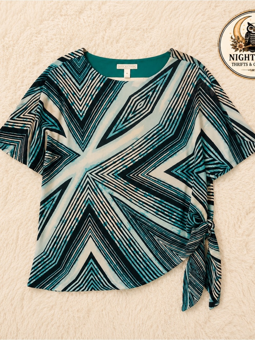 Teal Geometric Artsy Blouse Size Medium ~ Short Sleeve Top ~ Business Casual